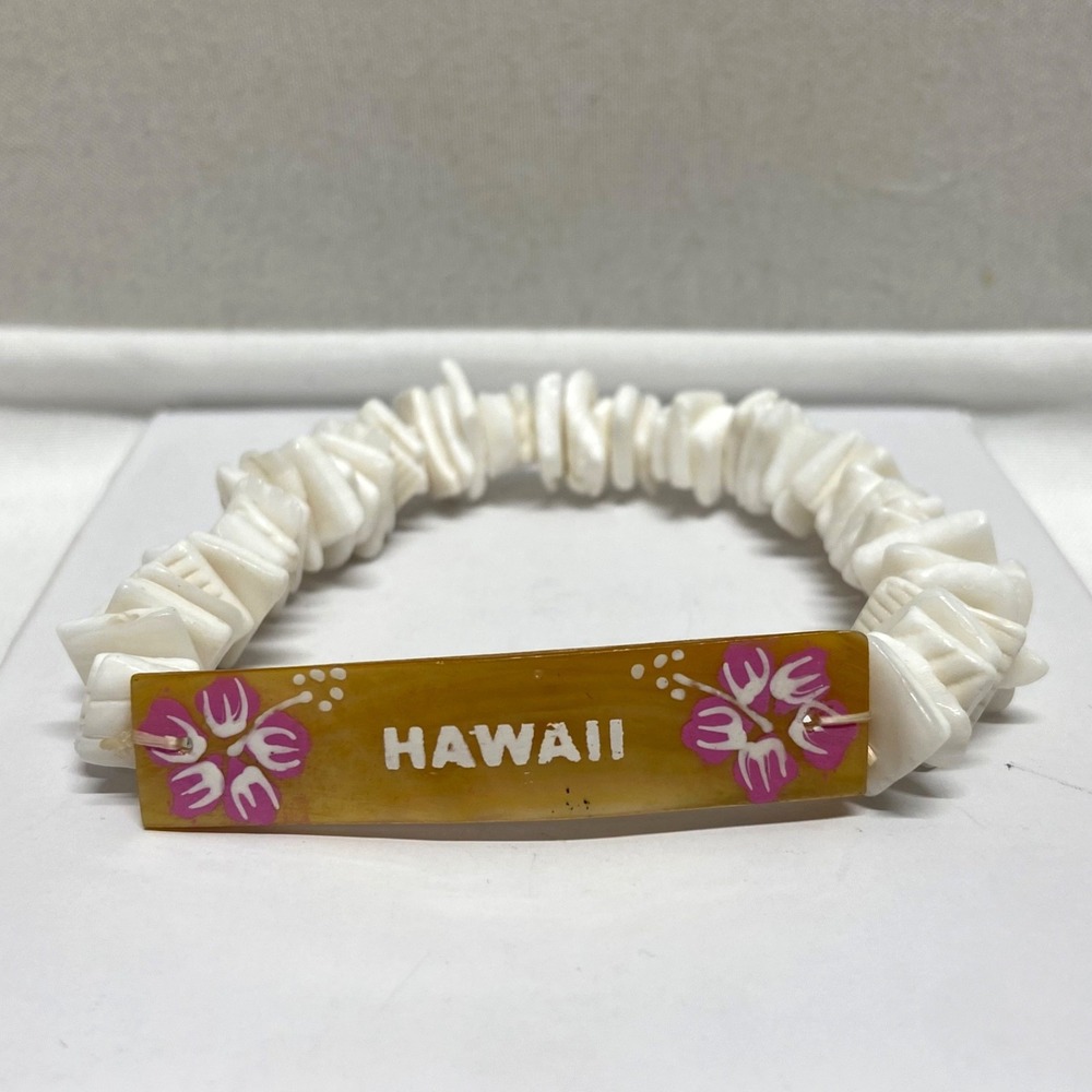 Hawaii‎ Puka Shell Bracelet White Elastic Pink Hawaiin Hibiscus Flower NOS